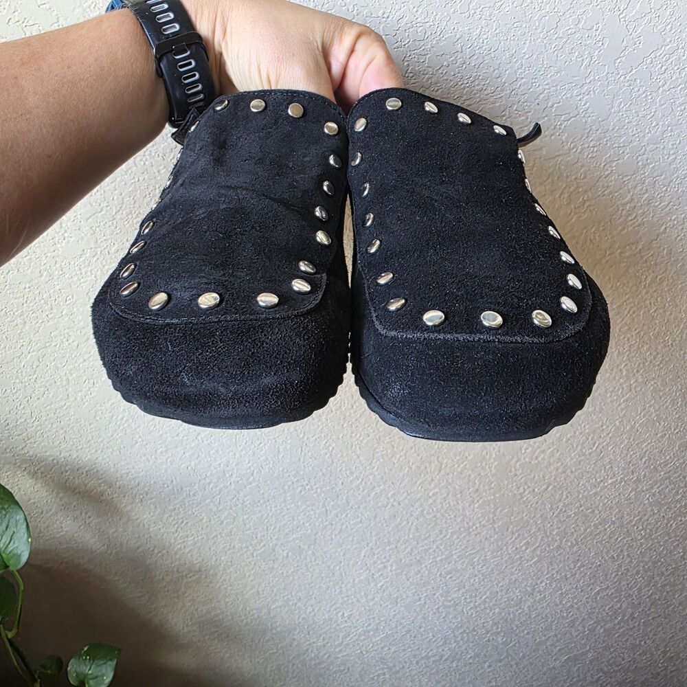 Zara Size 41 Black Suede Studded Clogs Mules Boston Closed Toe - Picture 5 of 9